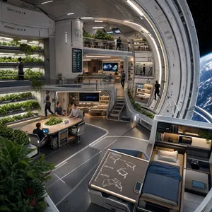 Interior of a futuristic space habitat with hydroponics gardens, communal areas, and living quarters. Show curved walls, artificial gravity considerations, and multipurpose furniture designs. - OpenAI GPT Image 2