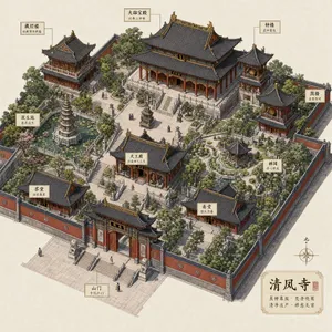 Isometric architectural illustration of an ancient Chinese temple complex showing multiple pavilions, gardens, and ceremonial spaces. Include proper roof structures and traditional ornamentation. - OpenAI GPT Image 2