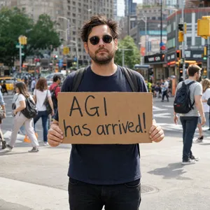Photorealistic daytime street photograph, clearly showing a man standing still on a busy urban street corner holding a rectangular cardboard sign clearly facing camera, handwritten bold black marker text clearly readable as 
