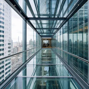 Photorealistic rendering of a contemporary glass skybridge between two skyscrapers, seen from inside with city views visible through glass walls and floor. Show accurate reflections and structural details. - OpenAI GPT Image 2