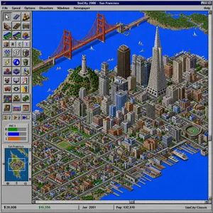 Pixel art cityscape of San Francisco in the iconic SimCity 2000 style, isometric view, detailed skyscrapers, residential areas, clearly identifiable Golden Gate Bridge, Coit Tower, Transamerica Pyramid, surrounded by the classic SimCity 2000 UI elements - OpenAI GPT Image 2