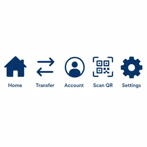 Set of 5 consistent flat design icons for a mobile banking app: 'Home', 'Transfer', 'Account', 'Scan QR', 'Settings'. Monochrome dark blue. - OpenAI GPT Image 2