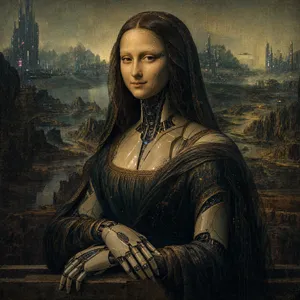 The Mona Lisa reimagined as a futuristic android, rendered in a digital art style that preserves Da Vinci's composition while incorporating sleek cyberpunk aesthetics and technological elements. - OpenAI GPT Image 2
