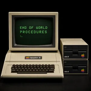 Vintage Apple II computer with green monochrome CRT screen, displaying 'END OF WORLD PROCEDURES' in green text. Two external floppy drives stacked on the right, labeled disk II with rainbow Apple logos. Beige casing, black background, retro aesthetic. - OpenAI GPT Image 2
