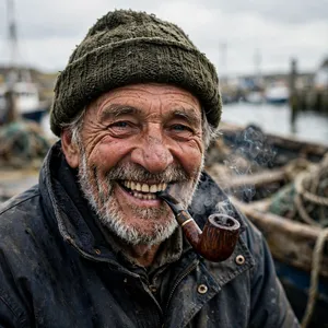 A 4K photo of an old fisherman with a weathered face and a pipe, grinning. - Meta Muse Image
