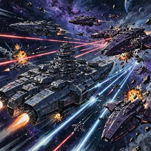 A 90s anime-style space battle scene with giant starships and laser beams. - Meta Muse Image