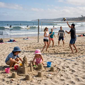 A beach scene: adults playing volleyball, kids building sandcastles, and surfers riding waves. - Meta Muse Image