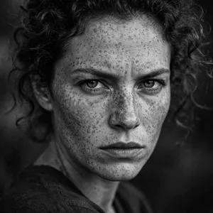 A black and white close-up portrait of a freckled woman with an intense gaze. - Meta Muse Image