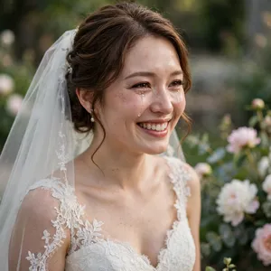 A bride on her wedding day, smiling with tears of joy in her eyes. - Meta Muse Image