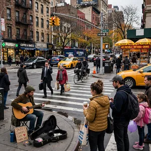 A busy city intersection with cars, pedestrians, and street performers all in one frame. - Meta Muse Image