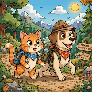 A cartoon of a cat and a dog on an adventure, drawn in a colorful 2D style. - Meta Muse Image