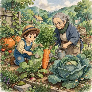 A child and elder tending oversized vegetables in a garden. Reproduce the artistic style of Studio Ghibli, with their distinctive character proportions and detailed plant illustrations. - Meta Muse Image