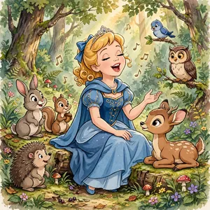 A classic Disney-like 2D cartoon princess singing with animals in a forest. - Meta Muse Image