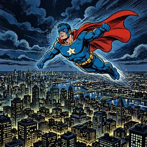 A comic-book style superhero flying over a city at night, with halftone shading. - Meta Muse Image