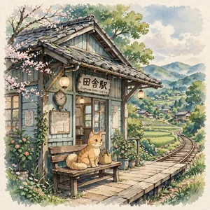 A countryside train station with a cat waiting on a bench. Rendered in Studio Ghibli animation style with Miyazaki's watercolor backgrounds and hand-drawn quality. - Meta Muse Image