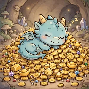 A cute chibi-style dragon sleeping on a pile of gold. - Meta Muse Image