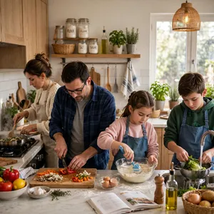 A family cooking together in a kitchen, each person busy with a different task. - Meta Muse Image