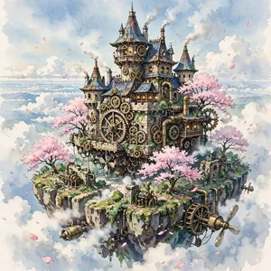 A floating steampunk castle in the sky with intricate mechanical gears and cherry blossom trees, illustrated in Hayao Miyazaki's Castle in the Sky (1986) art style with watercolor textures and detailed line work. - Meta Muse Image