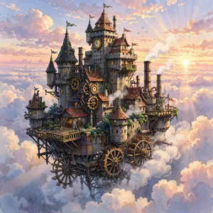 A flying castle floating in clouds at sunrise. Match the visual aesthetic of 'Howl's Moving Castle' by Studio Ghibli, with Miyazaki's blend of steampunk elements and fantasy. - Meta Muse Image