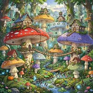 A forest of giant mushrooms with houses built on top of them, rendered in a whimsical Studio Ghibli-inspired art style with vibrant colors and fantastical details. - Meta Muse Image
