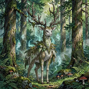 A forest spirit standing among tall trees. Replicate the artistic style of 'Princess Mononoke' by Studio Ghibli, with Miyazaki's detailed environments and mystical creature design. - Meta Muse Image