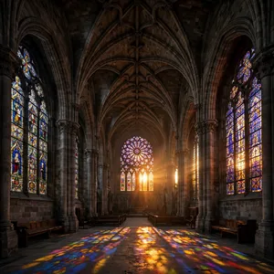 A Gothic cathedral interior at sunset with light streaming through detailed stained glass windows, creating colored patterns on stone floors and columns. Show accurate ribbed vaulting. - Meta Muse Image
