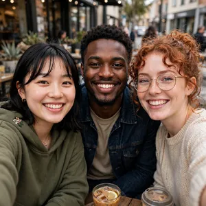 A group selfie of three friends of different ethnic backgrounds smiling at the camera. - Meta Muse Image