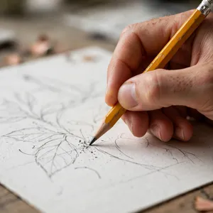 A hand drawing a sketch on paper with a pencil, the hand and pencil tip in clear focus. - Meta Muse Image