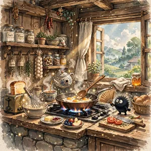 A kitchen with magical cooking implements preparing breakfast. Duplicate the artistic style of Studio Ghibli's domestic scenes, with Miyazaki's detailed settings and warm lighting. - Meta Muse Image