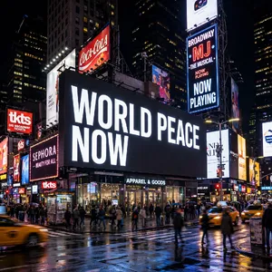 A large storefront billboard at Times Square displaying the slogan “WORLD PEACE NOW” in bold, clear letters, amidst a vibrant cityscape at night. - Meta Muse Image
