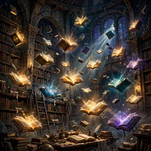 A library where the books are glowing and floating in mid-air, illustrated in a magical realism style with dramatic lighting and rich atmospheric colors. - Meta Muse Image