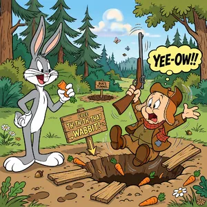 A Looney Tunes-inspired cartoon scene of a clever rabbit tricking a hunter. - Meta Muse Image