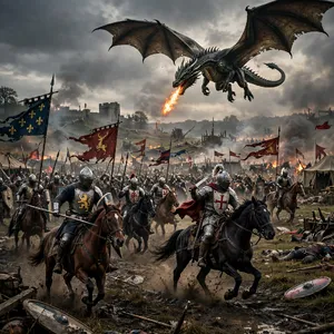A medieval battlefield with knights on horseback and a dragon flying overhead. - Meta Muse Image