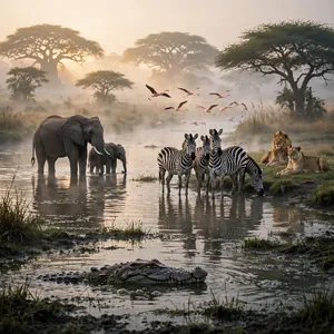 A misty dawn at an African savanna watering hole where elephants, lions, and zebras coexist in tense harmony, with a crocodile partially submerged in the foreground and flamingos taking flight in the background, golden hour lighting. - Meta Muse Image