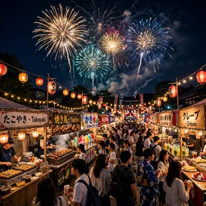 A nighttime festival with fireworks in the sky, food stalls lined up, and crowds mingling. - Meta Muse Image