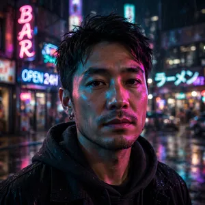 A nighttime portrait of a man lit by neon signs on a city street. - Meta Muse Image