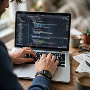 A person typing on a laptop keyboard, showing both hands on the keys. - Meta Muse Image