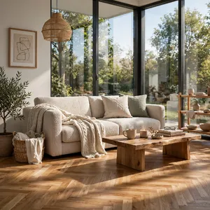 A photorealistic interior of a modern Scandinavian-style living room with natural light streaming through floor-to-ceiling windows. Show detailed wood textures, fabric materials, and proper light reflections. - Meta Muse Image
