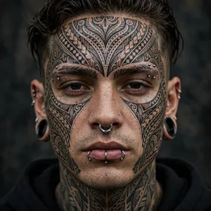 A portrait of a person with elaborate facial tattoos and piercings, shown in sharp detail. - Meta Muse Image