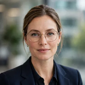 A professional headshot of a businesswoman wearing glasses, against a blurred background. - Meta Muse Image
