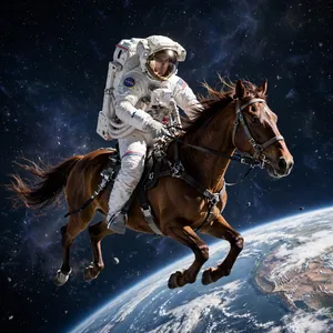 A realistic astronaut being ridden by a horse, photorealistic depiction in outer space with accurate lighting and proportions - Meta Muse Image