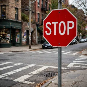 A red stop sign on a street corner displaying the word 