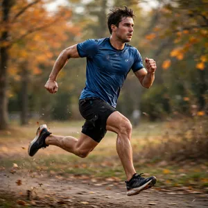 A runner mid-stride in a full-body action shot, limbs in motion and well-defined. - Meta Muse Image