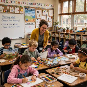 A school classroom of children and a teacher, each student engaged in a different activity. - Meta Muse Image