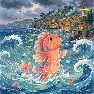 A sea creature rising from a stormy ocean near a village. Replicate the visual style of 'Ponyo' by Studio Ghibli, with Miyazaki's fluid water animations and vibrant creatures. - Meta Muse Image