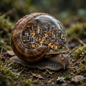 A snail whose shell contains a miniature city skyline, depicted in a hyperrealistic macro photography style with intricate architectural details and ambient lighting. - Meta Muse Image