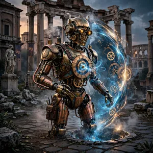 A steampunk robot time-traveling in ancient Rome, depicted in a detailed cinematic style that blends historical accuracy with copper and brass retrofuturistic aesthetics. - Meta Muse Image