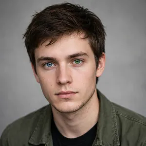 A studio headshot of a young man with one blue eye and one green eye (heterochromia). - Meta Muse Image