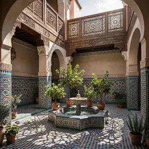 A traditional Moroccan riad courtyard with detailed zellige tilework, flowing fountain, citrus trees, and ornate woodwork. Morning light casting intricate shadow patterns. - Meta Muse Image