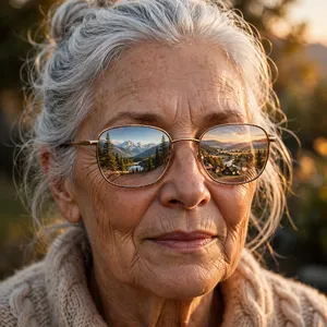 A ultra high-resolution portrait of an elderly woman with silver hair and bifocal glasses, each lens reflecting a distant landscape, captured in warm late-afternoon sunlight - Meta Muse Image